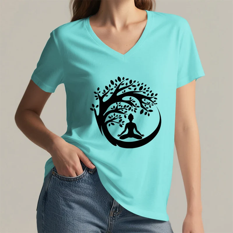 Olivenorma Enso Circle Baumzweig Meditation Silhouette Grafik Damen V-Ausschnitt T-Shirt