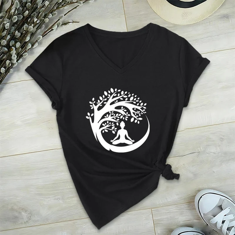 Olivenorma Enso Circle Baumzweig Meditation Silhouette Grafik Damen V-Ausschnitt T-Shirt