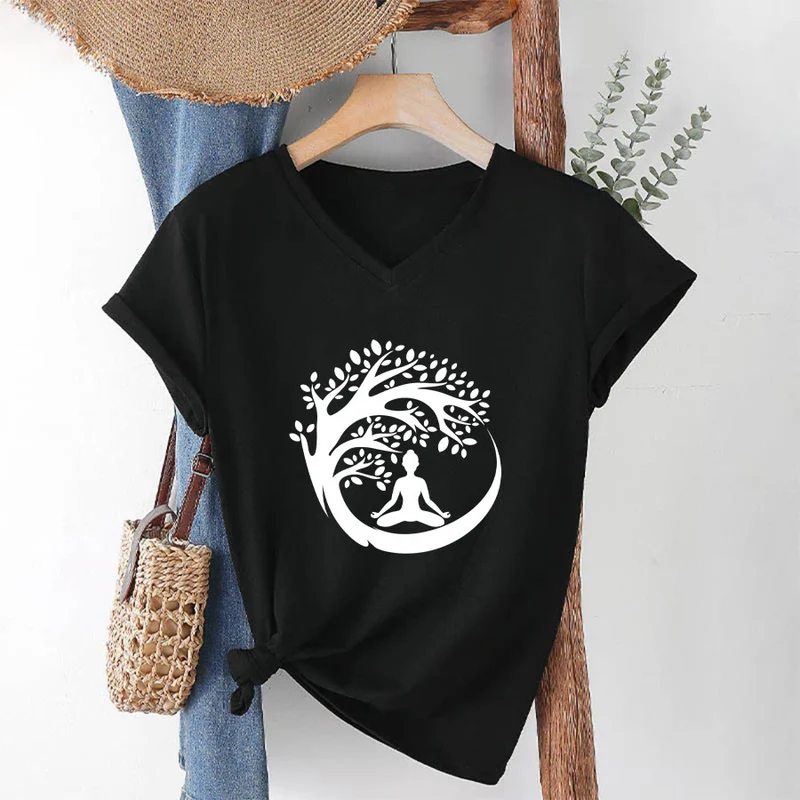 Olivenorma Enso Circle Baumzweig Meditation Silhouette Grafik Damen V-Ausschnitt T-Shirt