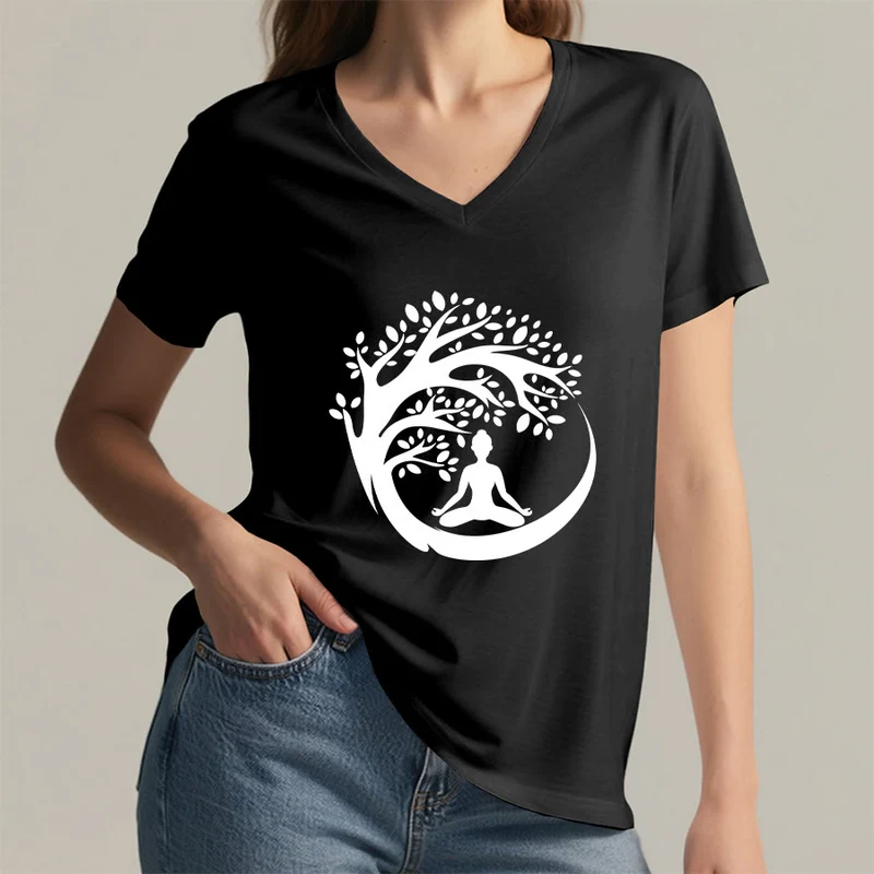 Olivenorma Enso Circle Baumzweig Meditation Silhouette Grafik Damen V-Ausschnitt T-Shirt
