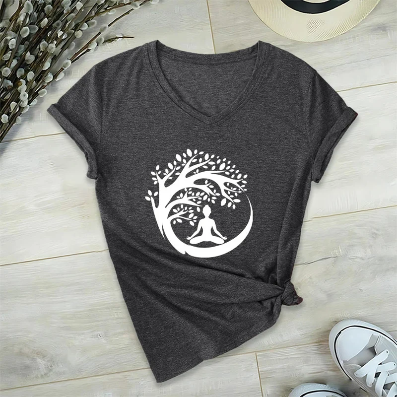 Olivenorma Enso Circle Baumzweig Meditation Silhouette Grafik Damen V-Ausschnitt T-Shirt