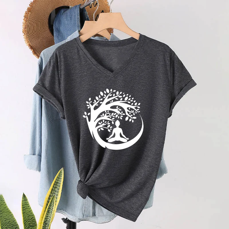 Olivenorma Enso Circle Baumzweig Meditation Silhouette Grafik Damen V-Ausschnitt T-Shirt