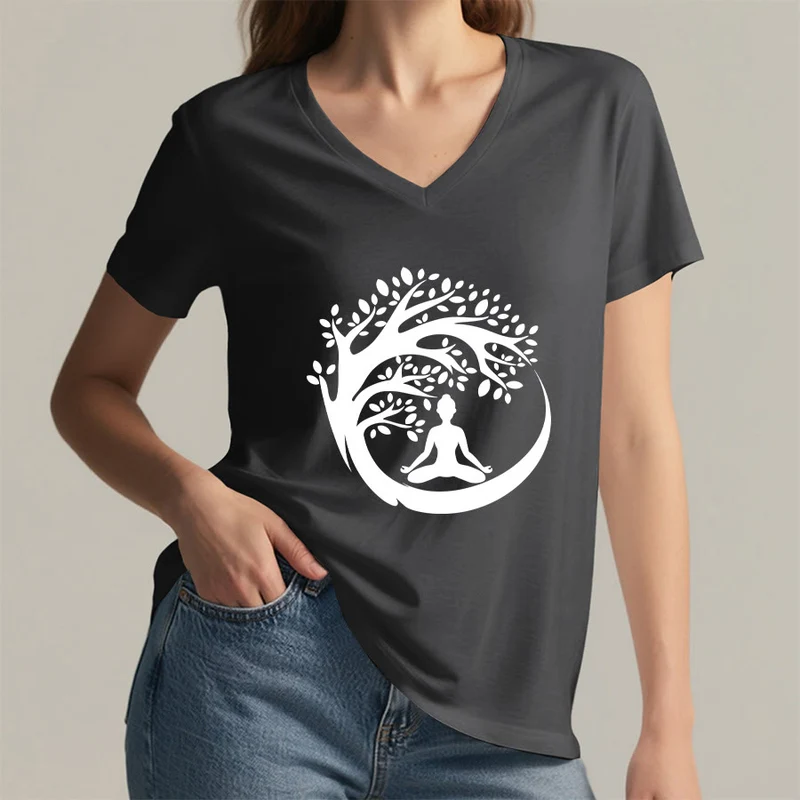 Olivenorma Enso Circle Baumzweig Meditation Silhouette Grafik Damen V-Ausschnitt T-Shirt