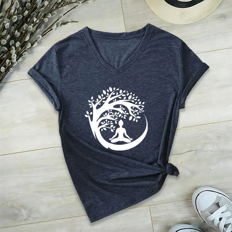 Olivenorma Enso Circle Baumzweig Meditation Silhouette Grafik Damen V-Ausschnitt T-Shirt