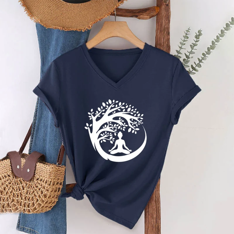 Olivenorma Enso Circle Baumzweig Meditation Silhouette Grafik Damen V-Ausschnitt T-Shirt
