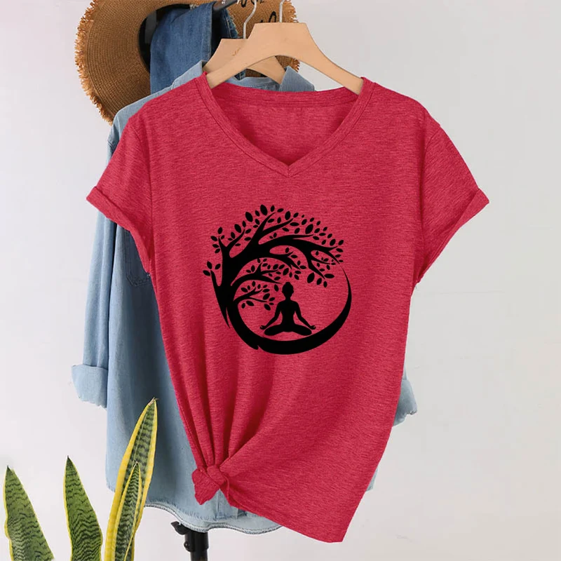 Olivenorma Enso Circle Baumzweig Meditation Silhouette Grafik Damen V-Ausschnitt T-Shirt