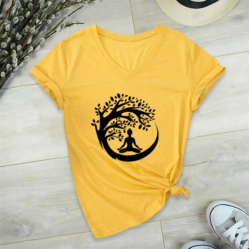 Olivenorma Enso Circle Baumzweig Meditation Silhouette Grafik Damen V-Ausschnitt T-Shirt