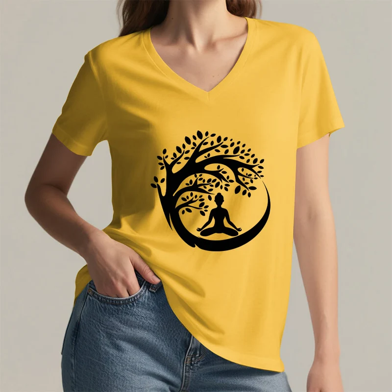 Olivenorma Enso Circle Baumzweig Meditation Silhouette Grafik Damen V-Ausschnitt T-Shirt