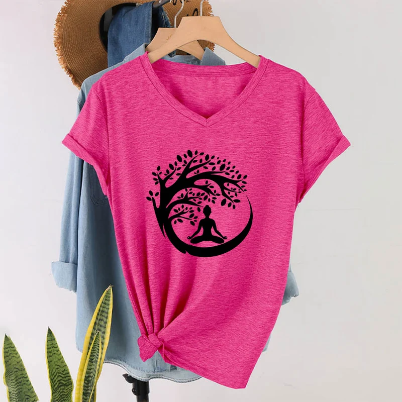 Olivenorma Enso Circle Baumzweig Meditation Silhouette Grafik Damen V-Ausschnitt T-Shirt