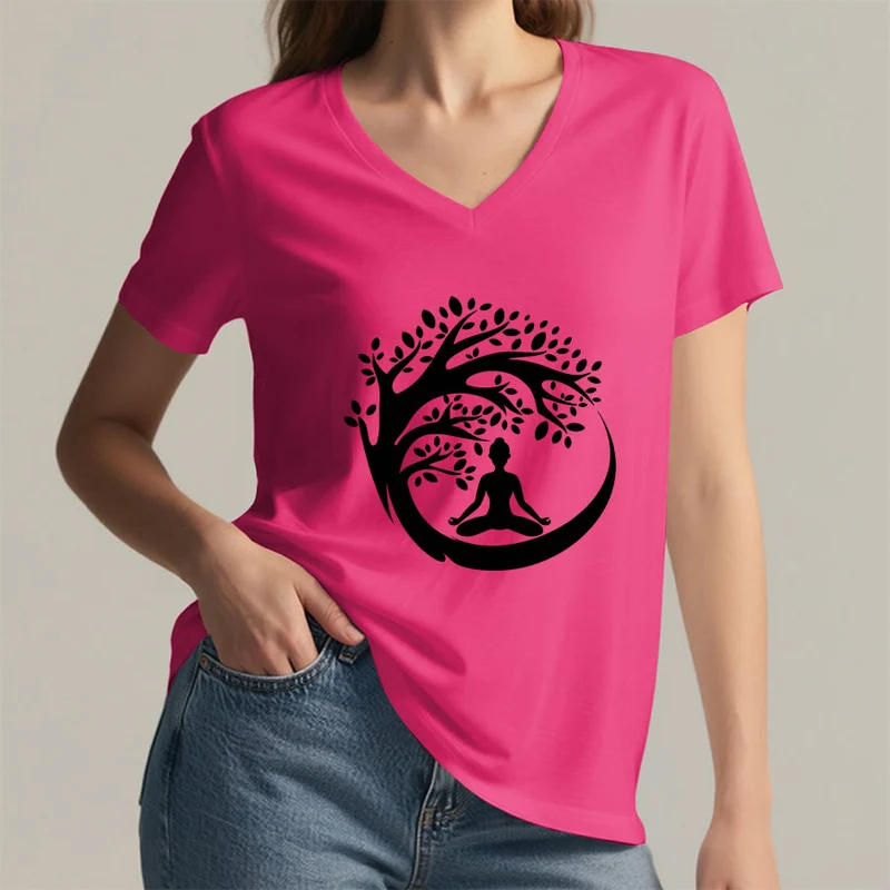 Olivenorma Enso Circle Baumzweig Meditation Silhouette Grafik Damen V-Ausschnitt T-Shirt