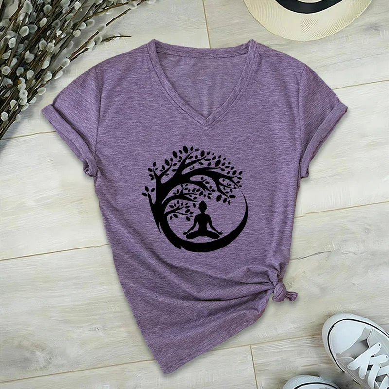 Olivenorma Enso Circle Baumzweig Meditation Silhouette Grafik Damen V-Ausschnitt T-Shirt