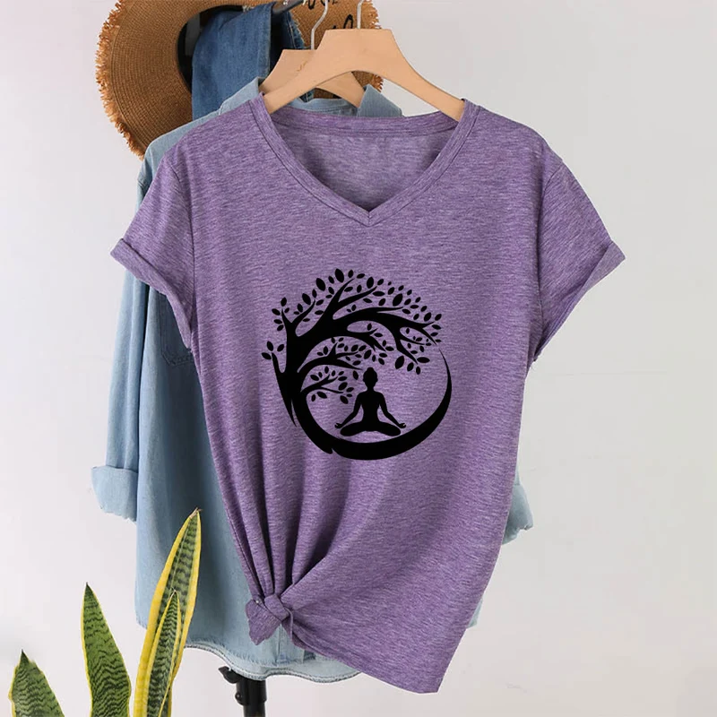 Olivenorma Enso Circle Baumzweig Meditation Silhouette Grafik Damen V-Ausschnitt T-Shirt