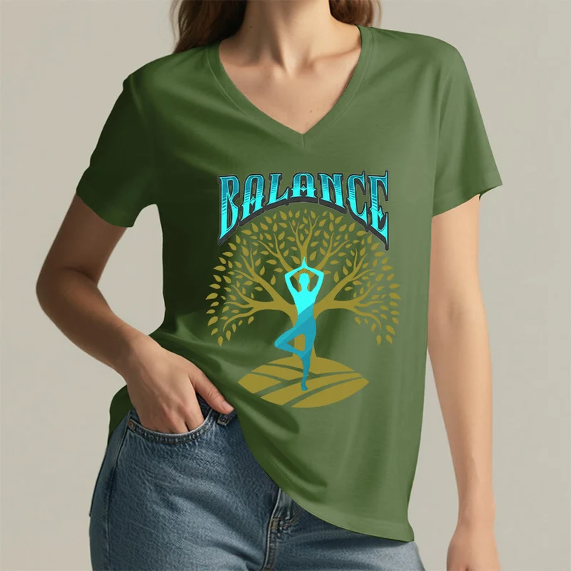 Olivenorma Baumpose Yoga Dame Balance Wort Spirituelles Damen V-Ausschnitt T-Shirt