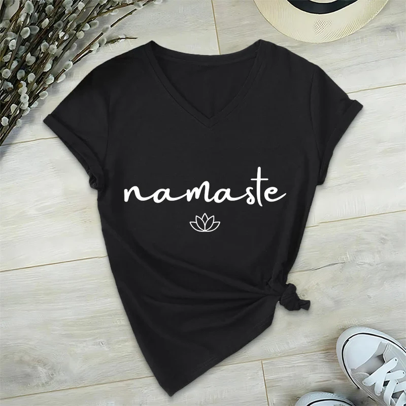 Olivenorma Cursive Namaste Simple Outline Lotus Zen Graphic Damen-T-Shirt mit V-Ausschnitt