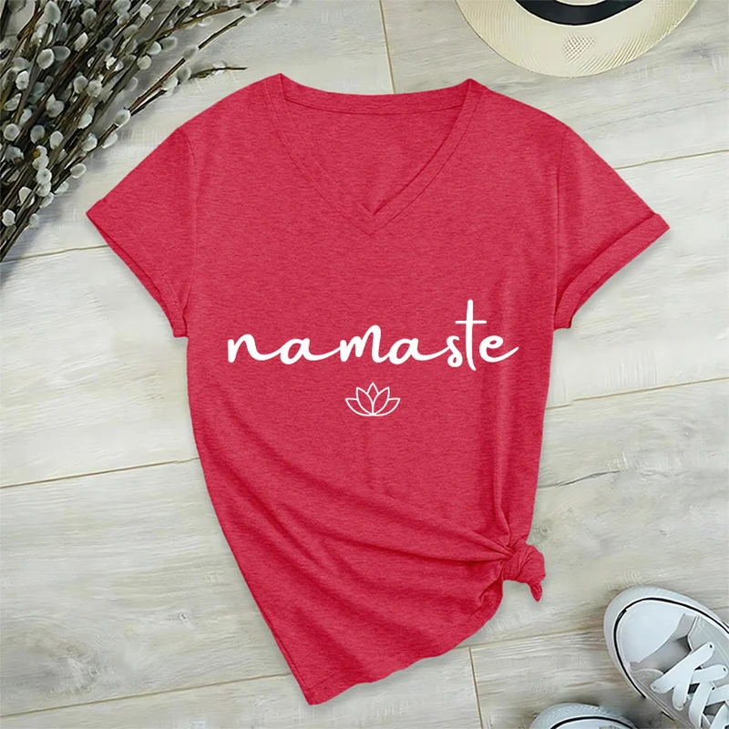 Olivenorma Cursive Namaste Simple Outline Lotus Zen Graphic Damen-T-Shirt mit V-Ausschnitt