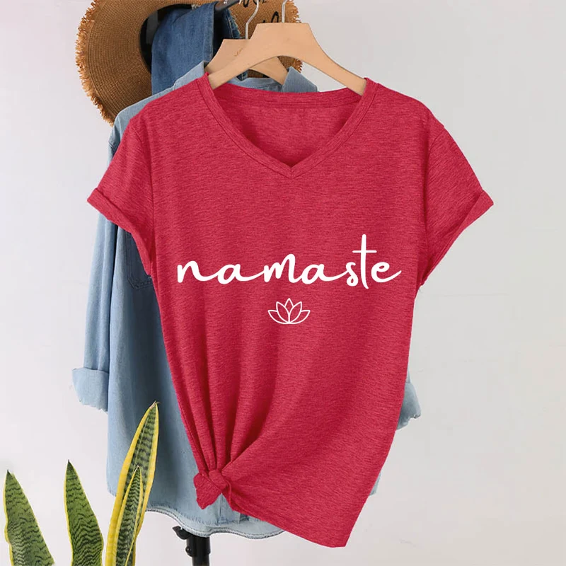 Olivenorma Cursive Namaste Simple Outline Lotus Zen Graphic Damen-T-Shirt mit V-Ausschnitt