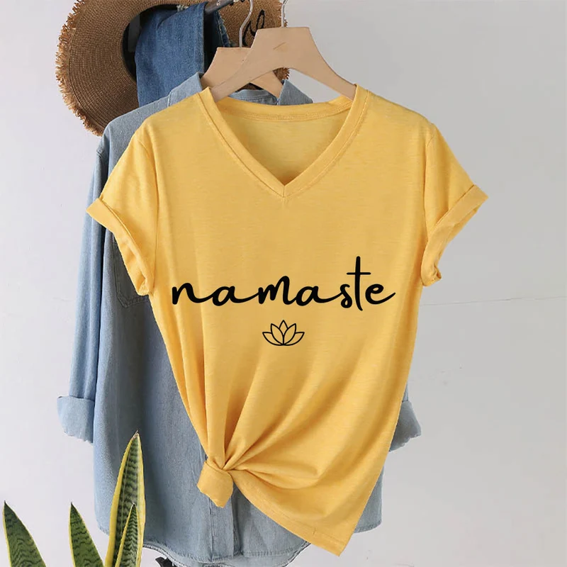 Olivenorma Cursive Namaste Simple Outline Lotus Zen Graphic Damen-T-Shirt mit V-Ausschnitt
