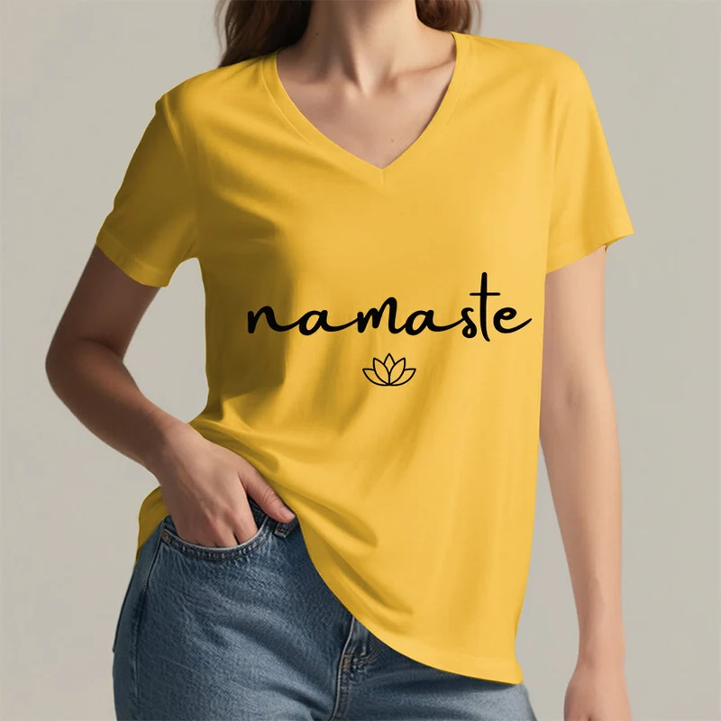 Olivenorma Cursive Namaste Simple Outline Lotus Zen Graphic Damen-T-Shirt mit V-Ausschnitt