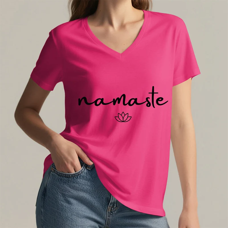 Olivenorma Cursive Namaste Simple Outline Lotus Zen Graphic Damen-T-Shirt mit V-Ausschnitt