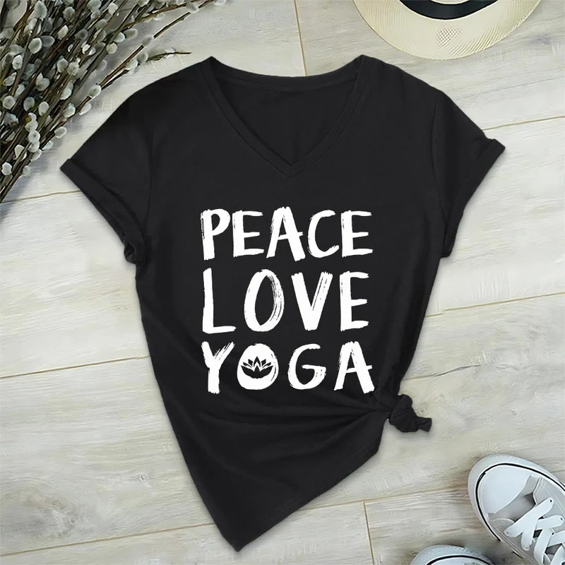 Olivenorma Peace Love Lotus Yoga Text Graphic Damen-T-Shirt mit V-Ausschnitt