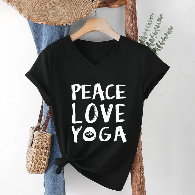 Olivenorma Peace Love Lotus Yoga Text Graphic Damen-T-Shirt mit V-Ausschnitt