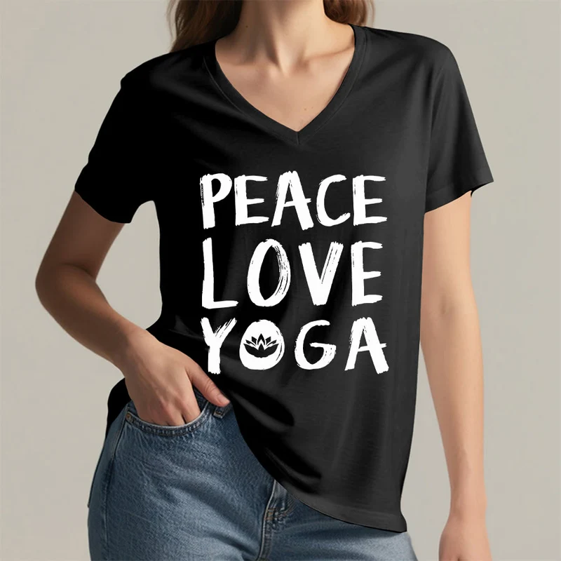 Olivenorma Peace Love Lotus Yoga Text Graphic Damen-T-Shirt mit V-Ausschnitt