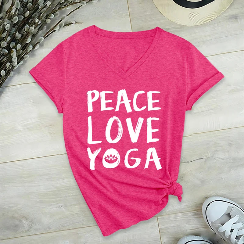 Olivenorma Peace Love Lotus Yoga Text Graphic Damen-T-Shirt mit V-Ausschnitt