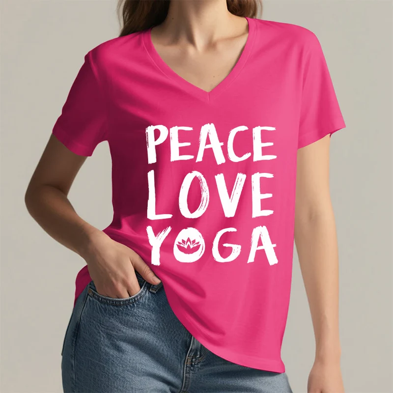 Olivenorma Peace Love Lotus Yoga Text Graphic Damen-T-Shirt mit V-Ausschnitt