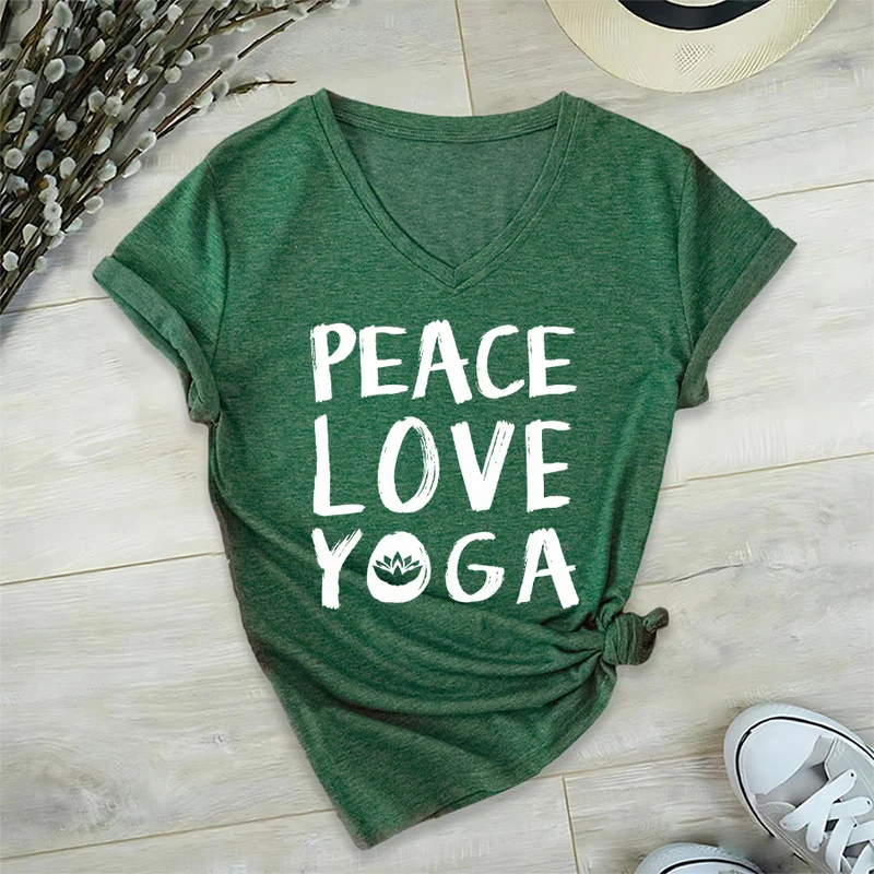Olivenorma Peace Love Lotus Yoga Text Graphic Damen-T-Shirt mit V-Ausschnitt