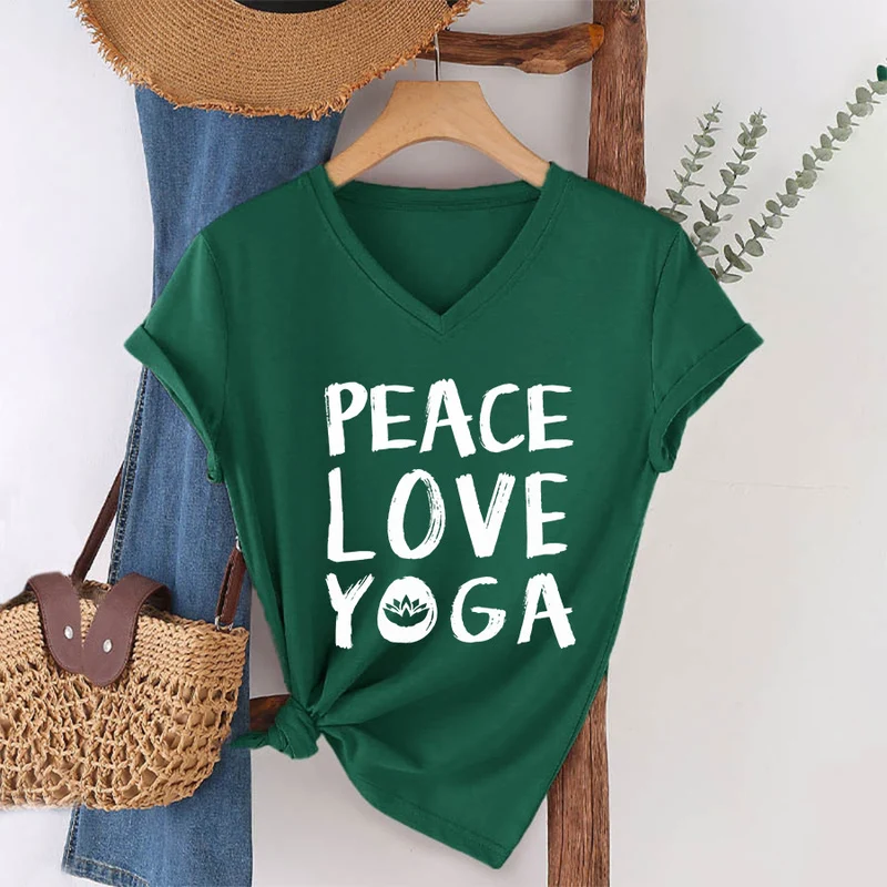 Olivenorma Peace Love Lotus Yoga Text Graphic Damen-T-Shirt mit V-Ausschnitt