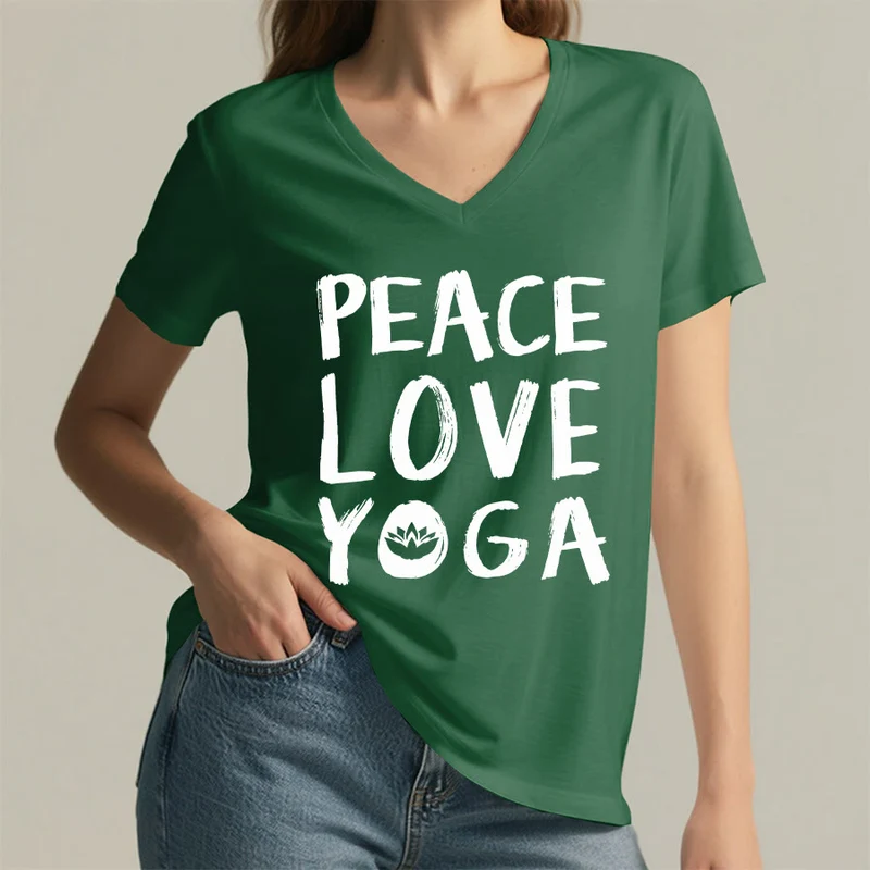 Olivenorma Peace Love Lotus Yoga Text Graphic Damen-T-Shirt mit V-Ausschnitt
