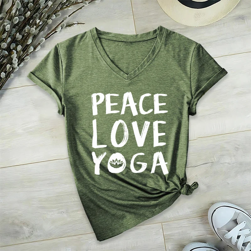 Olivenorma Peace Love Lotus Yoga Text Graphic Damen-T-Shirt mit V-Ausschnitt