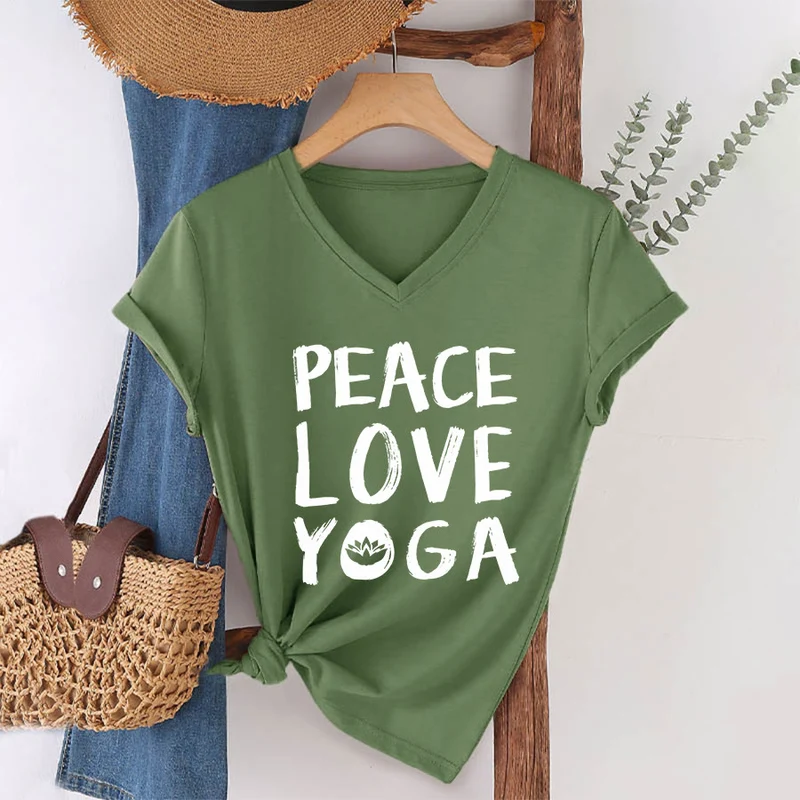 Olivenorma Peace Love Lotus Yoga Text Graphic Damen-T-Shirt mit V-Ausschnitt