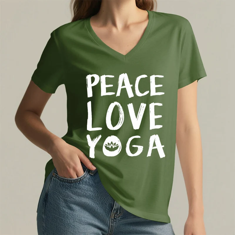 Olivenorma Peace Love Lotus Yoga Text Graphic Damen-T-Shirt mit V-Ausschnitt