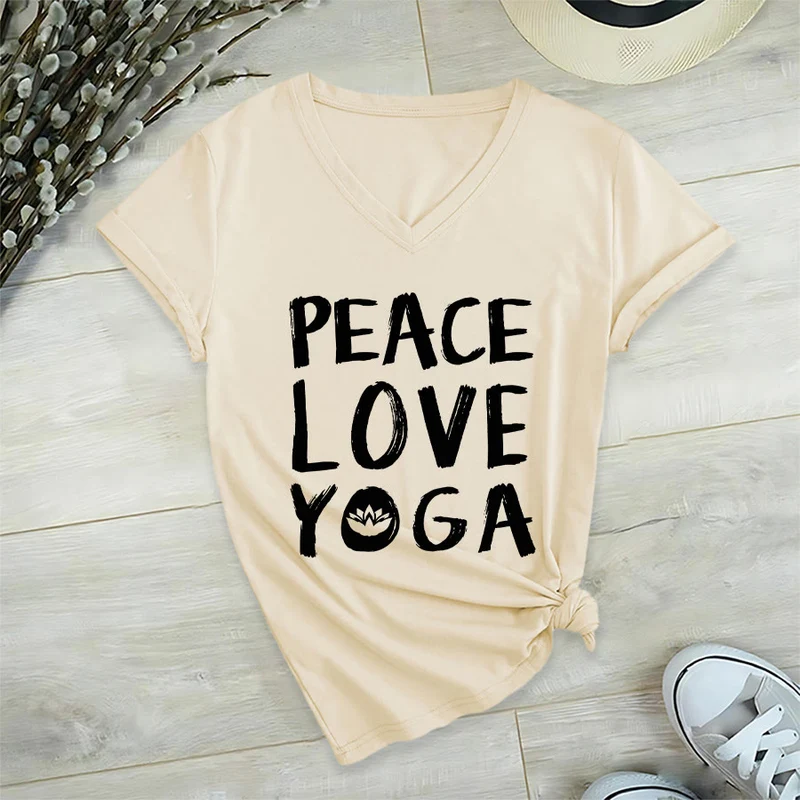 Olivenorma Peace Love Lotus Yoga Text Graphic Damen-T-Shirt mit V-Ausschnitt
