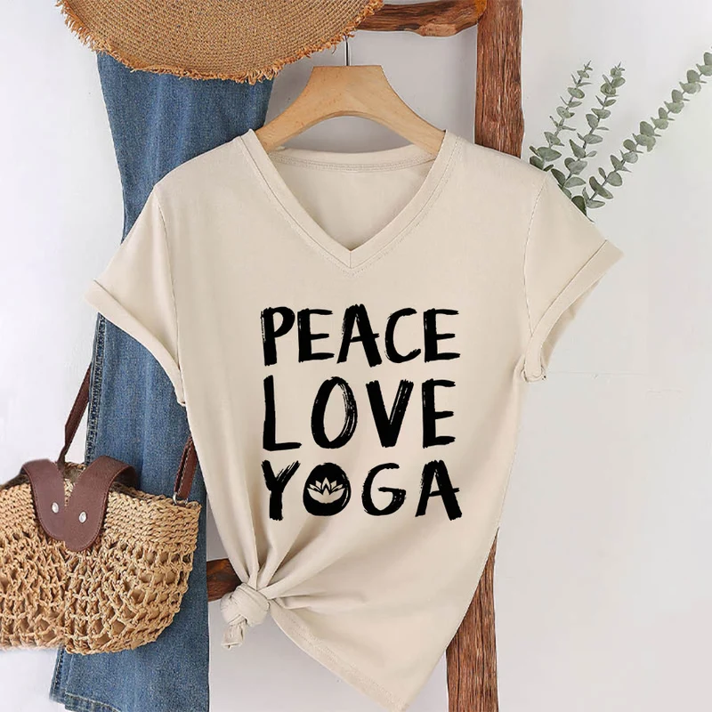 Olivenorma Peace Love Lotus Yoga Text Graphic Damen-T-Shirt mit V-Ausschnitt