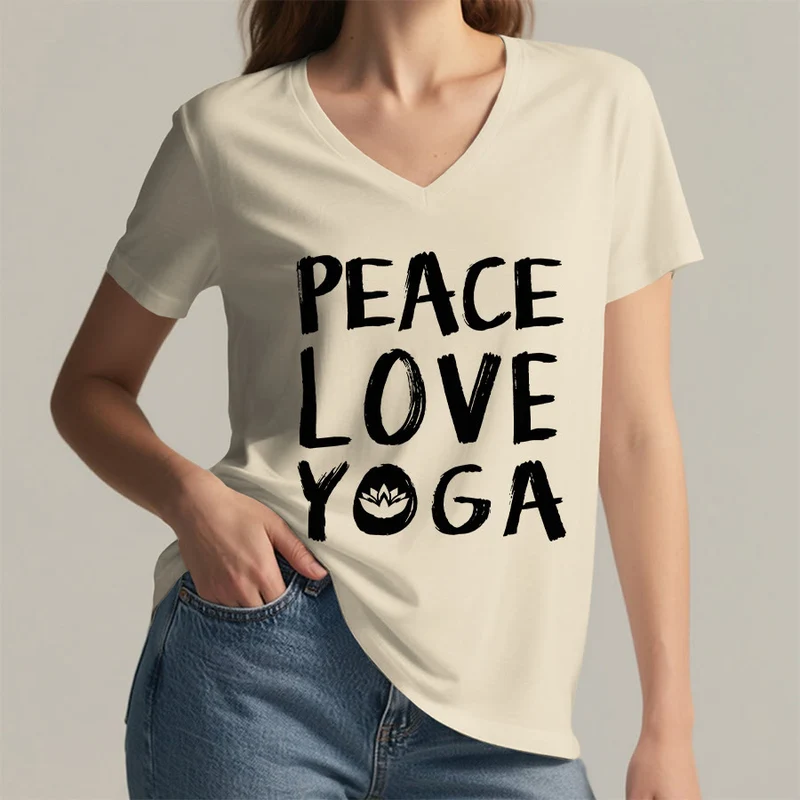 Olivenorma Peace Love Lotus Yoga Text Graphic Damen-T-Shirt mit V-Ausschnitt
