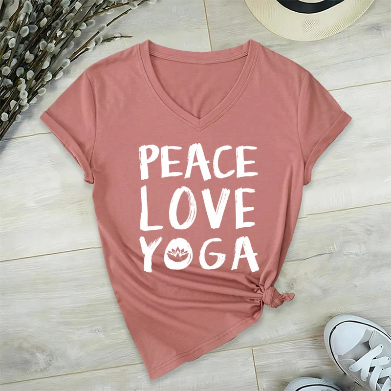 Olivenorma Peace Love Lotus Yoga Text Graphic Damen-T-Shirt mit V-Ausschnitt