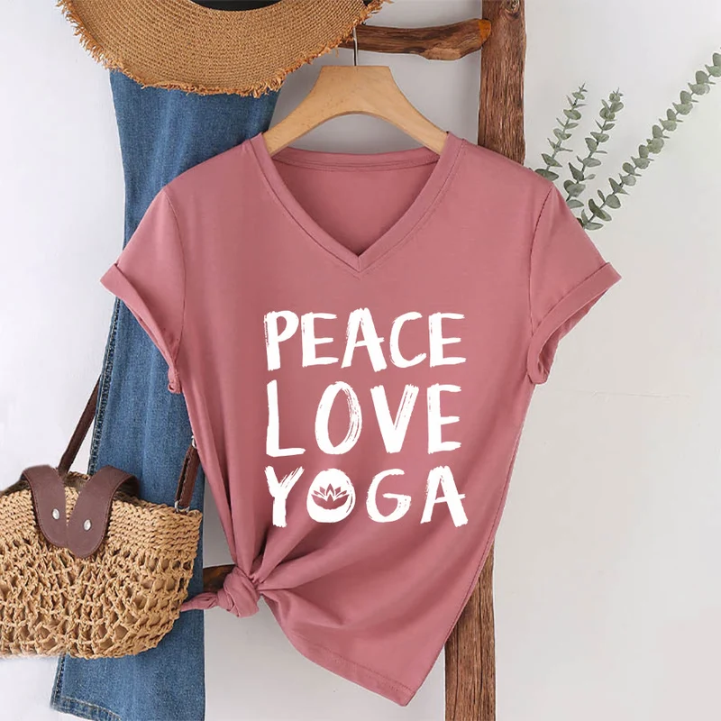 Olivenorma Peace Love Lotus Yoga Text Graphic Damen-T-Shirt mit V-Ausschnitt