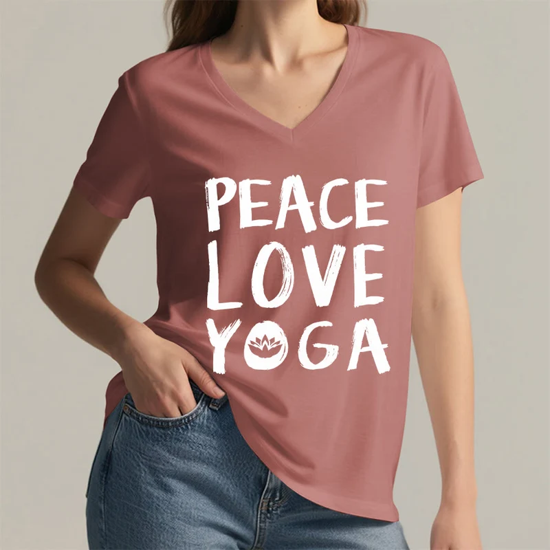 Olivenorma Peace Love Lotus Yoga Text Graphic Damen-T-Shirt mit V-Ausschnitt