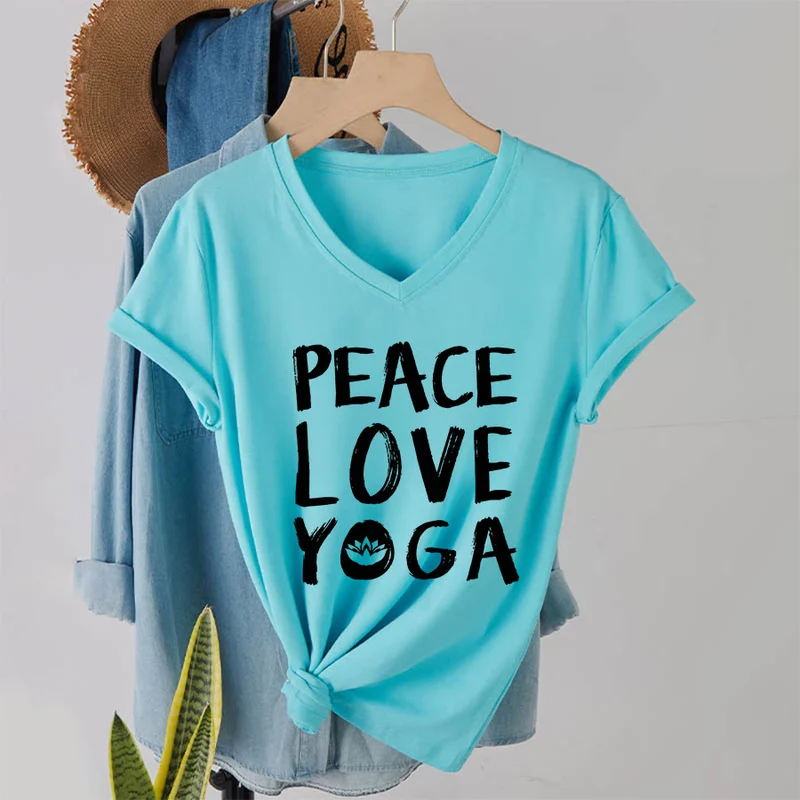 Olivenorma Peace Love Lotus Yoga Text Graphic Damen-T-Shirt mit V-Ausschnitt
