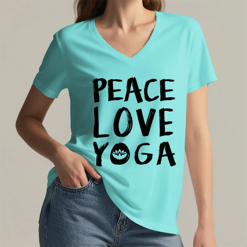 Olivenorma Peace Love Lotus Yoga Text Graphic Damen-T-Shirt mit V-Ausschnitt