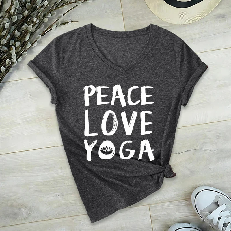Olivenorma Peace Love Lotus Yoga Text Graphic Damen-T-Shirt mit V-Ausschnitt