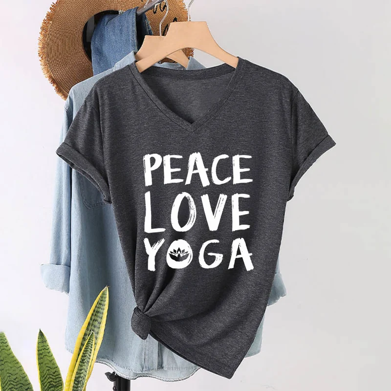 Olivenorma Peace Love Lotus Yoga Text Graphic Damen-T-Shirt mit V-Ausschnitt