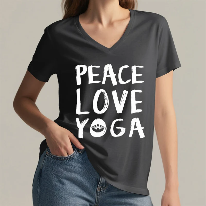 Olivenorma Peace Love Lotus Yoga Text Graphic Damen-T-Shirt mit V-Ausschnitt