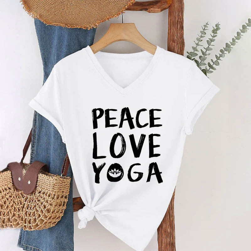 Olivenorma Peace Love Lotus Yoga Text Graphic Damen-T-Shirt mit V-Ausschnitt