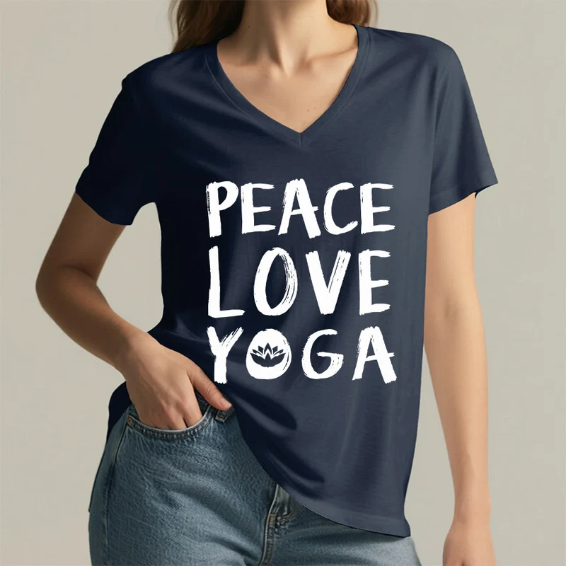 Olivenorma Peace Love Lotus Yoga Text Graphic Damen-T-Shirt mit V-Ausschnitt