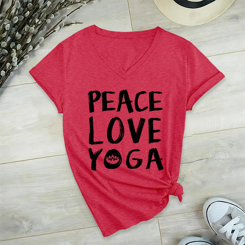Olivenorma Peace Love Lotus Yoga Text Graphic Damen-T-Shirt mit V-Ausschnitt