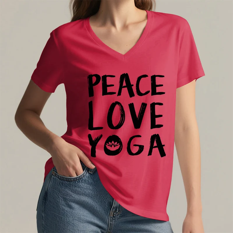 Olivenorma Peace Love Lotus Yoga Text Graphic Damen-T-Shirt mit V-Ausschnitt