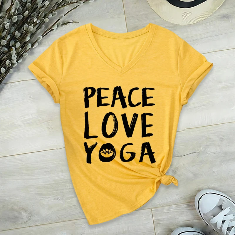 Olivenorma Peace Love Lotus Yoga Text Graphic Damen-T-Shirt mit V-Ausschnitt
